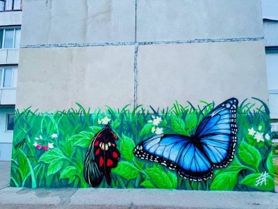 В Уфе художник украсил фасад жилого дома бабочками